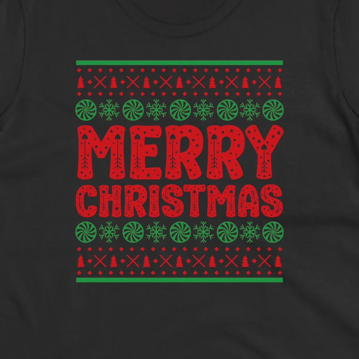 Merry Christmas ugly sweater design with red text and festive holiday patterns.