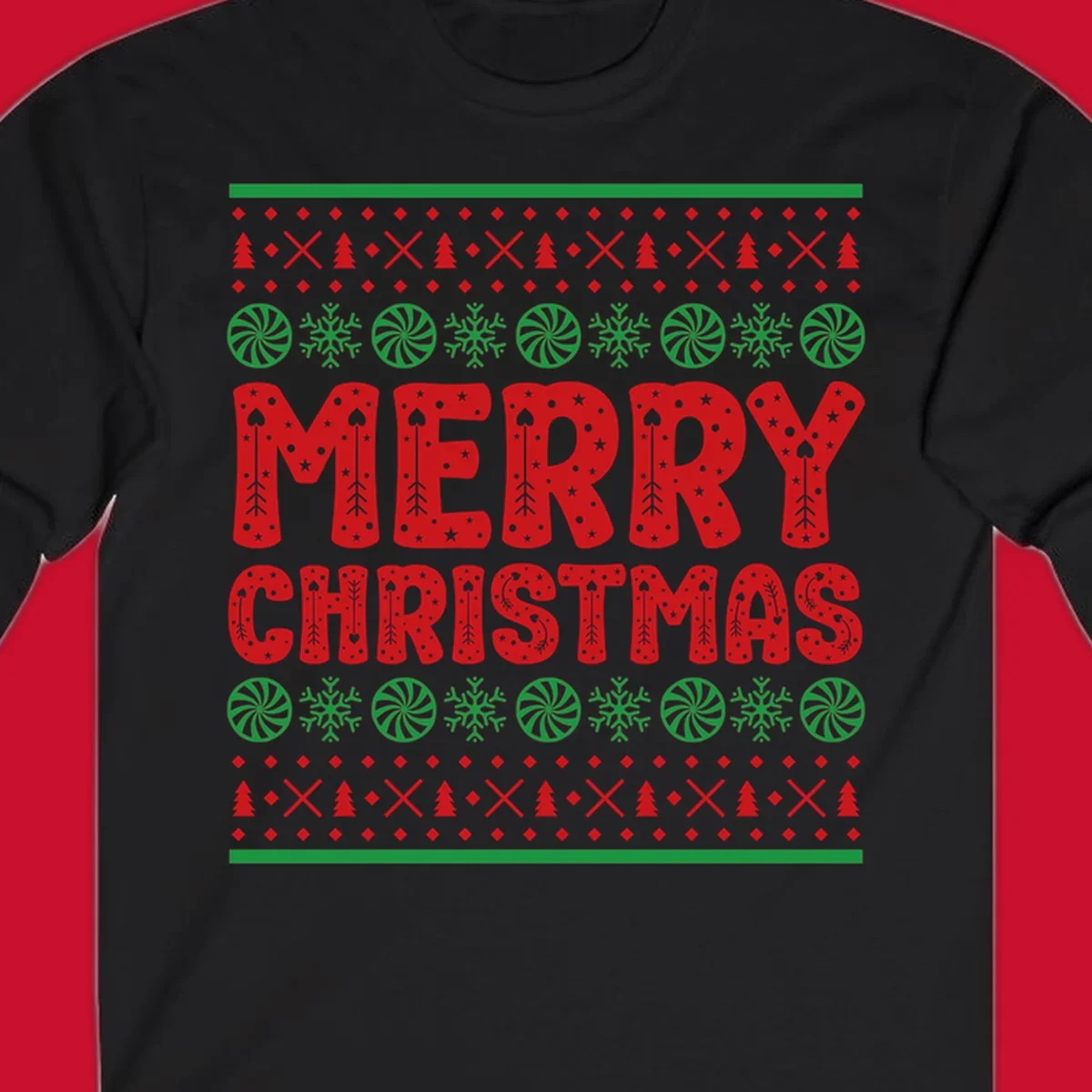 Merry Christmas ugly sweater design with red text and festive holiday patterns.