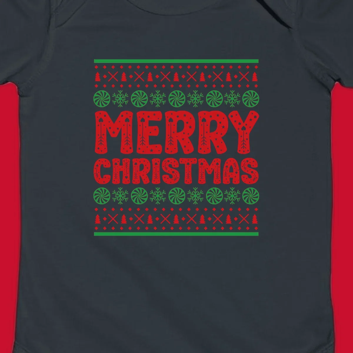 Merry Christmas ugly sweater design with red text and festive holiday patterns.