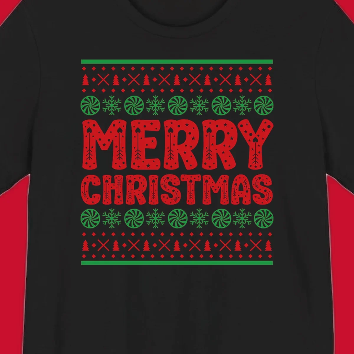 Merry Christmas ugly sweater design with red text and festive holiday patterns.
