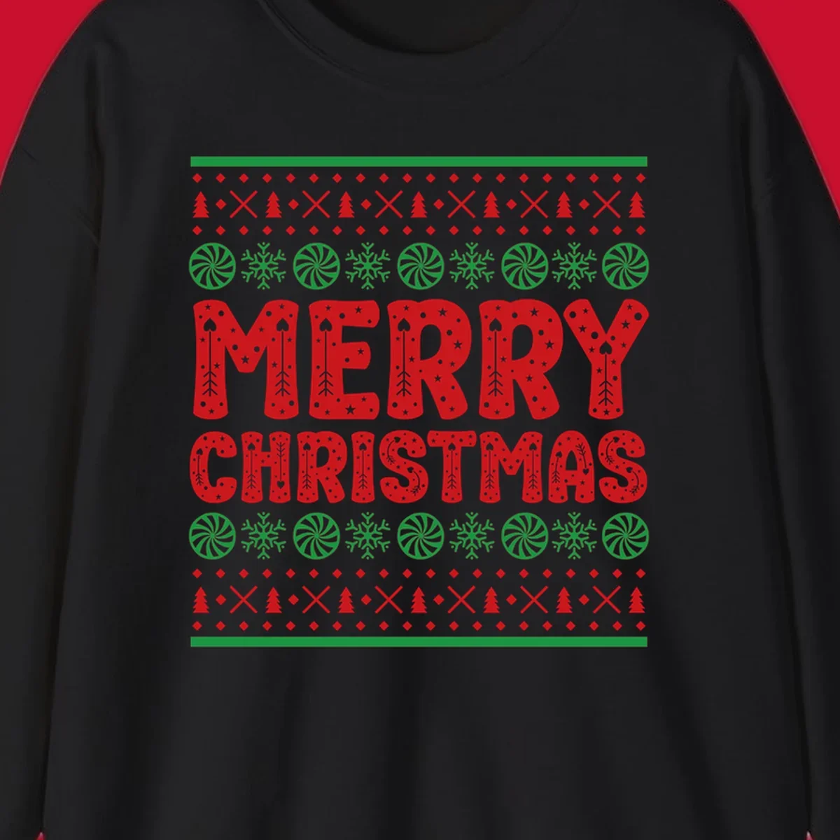 Merry Christmas ugly sweater design with red text and festive holiday patterns.