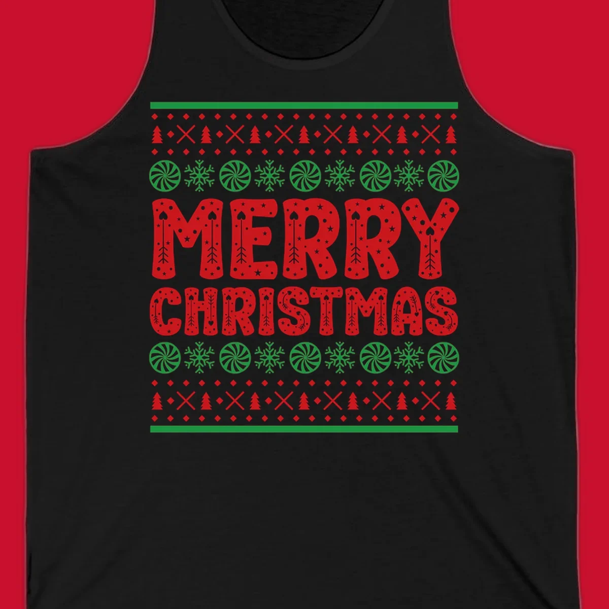 Merry Christmas ugly sweater design with red text and festive holiday patterns.