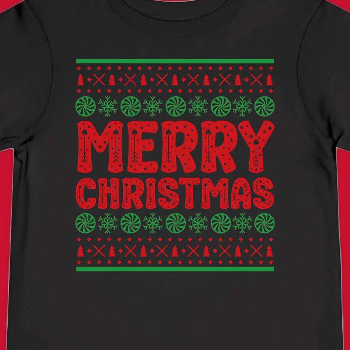 Merry Christmas ugly sweater design with red text and festive holiday patterns.