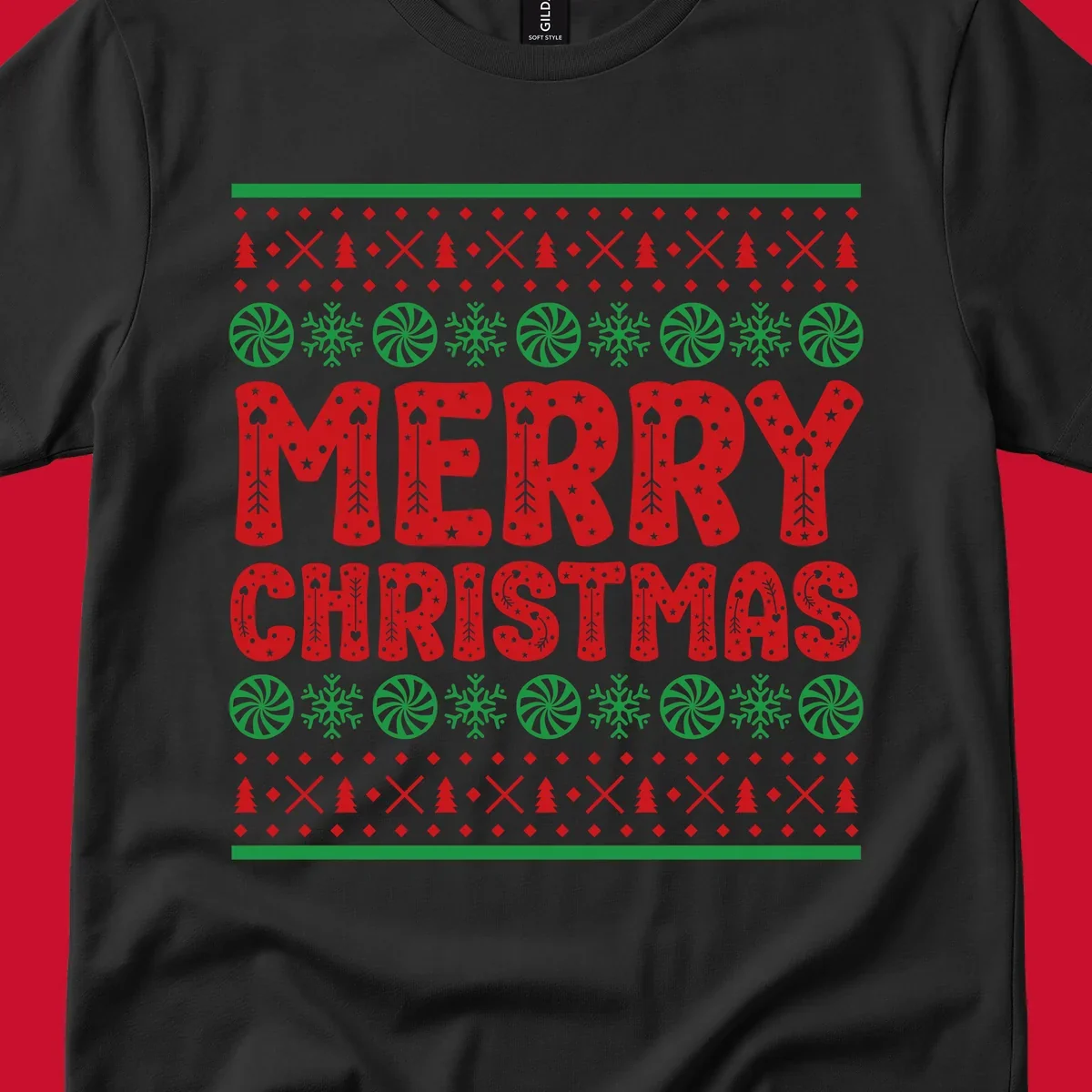 Merry Christmas ugly sweater design with red text and festive holiday patterns.