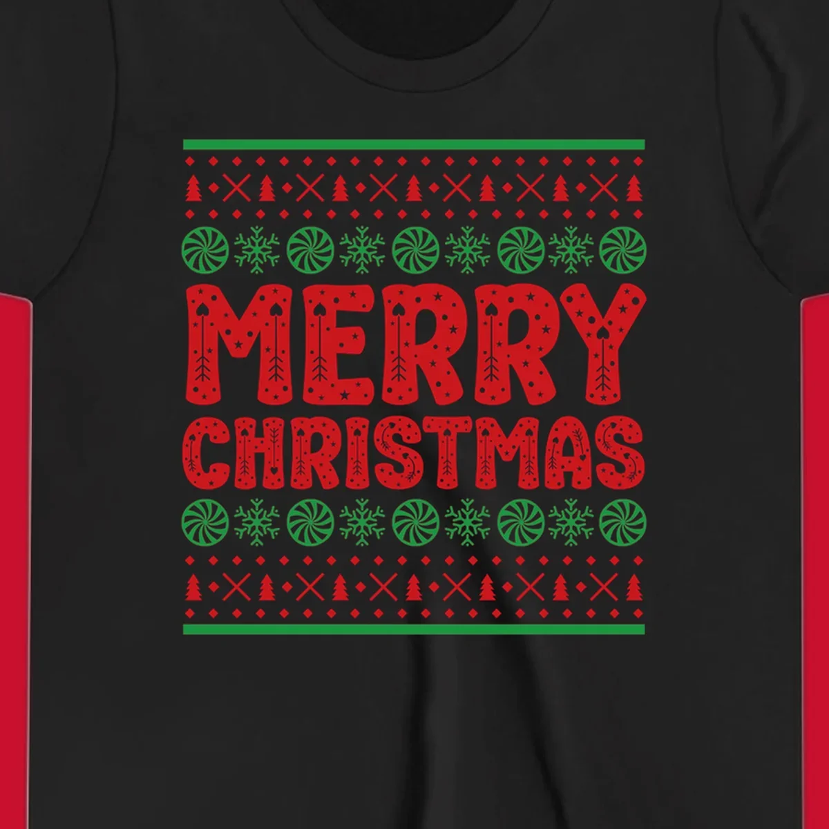Merry Christmas ugly sweater design with red text and festive holiday patterns.