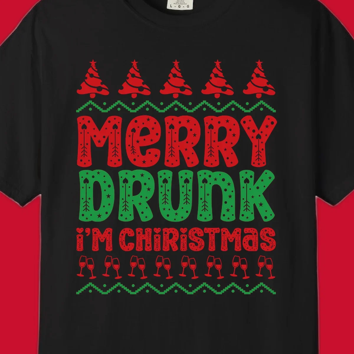 Merry Drunk I'm Christmas design with ugly sweater patterns, trees, and wine glasses.