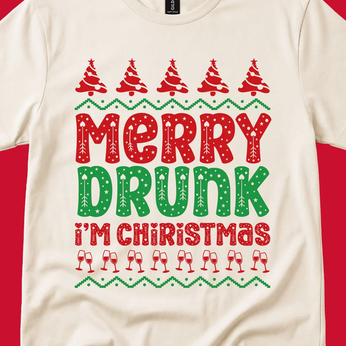 Merry Drunk I'm Christmas design with ugly sweater patterns, trees, and wine glasses.