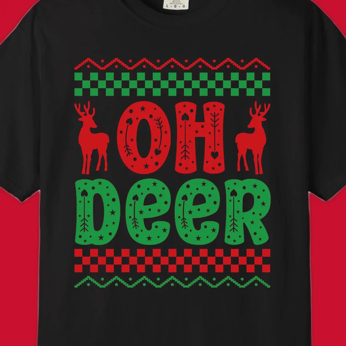 Oh Deer Christmas design with red reindeer and festive text and patterns.