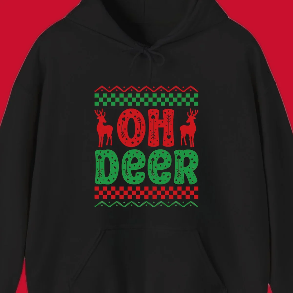 Oh Deer Christmas design with red reindeer and festive text and patterns.