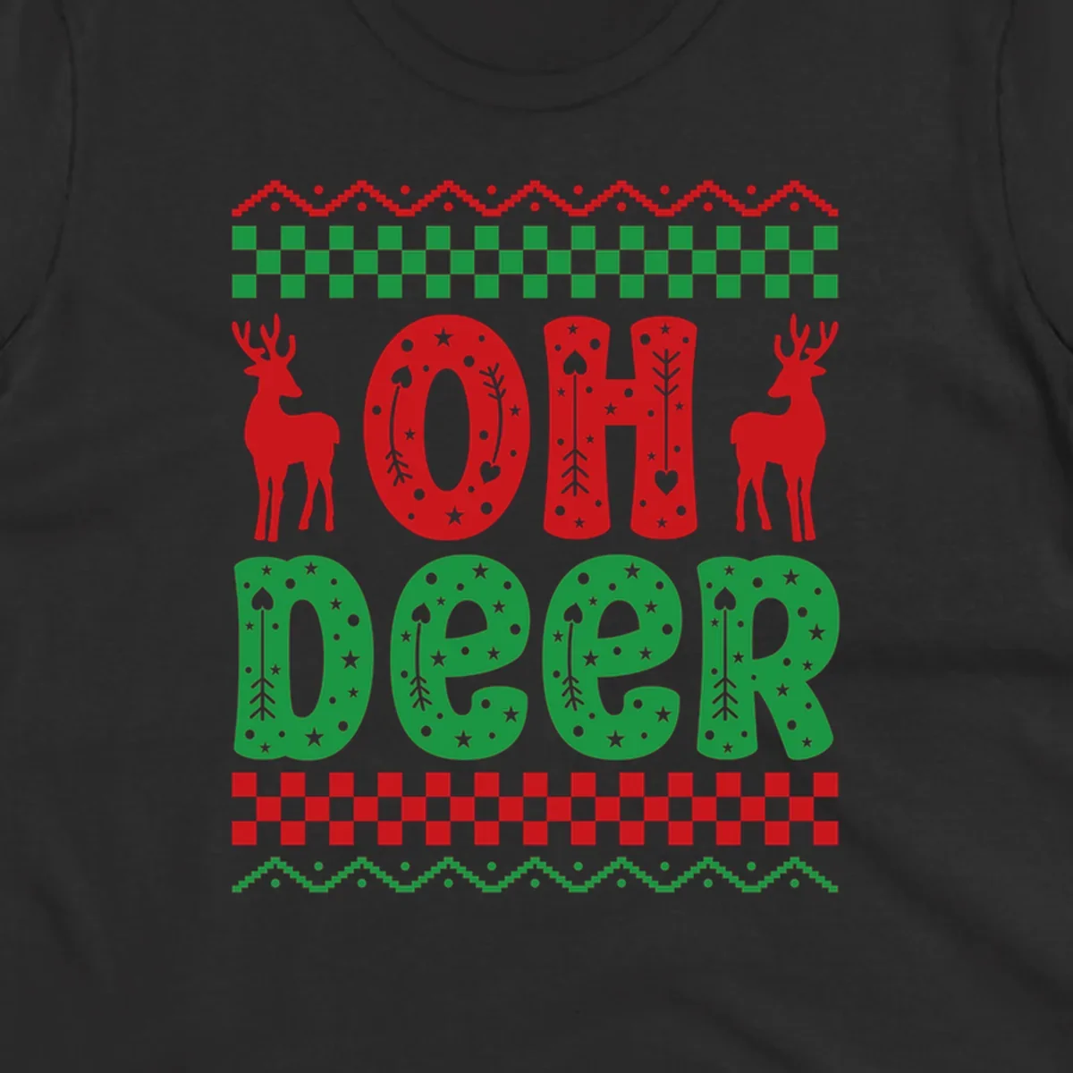 Oh Deer Christmas design with red reindeer and festive text and patterns.