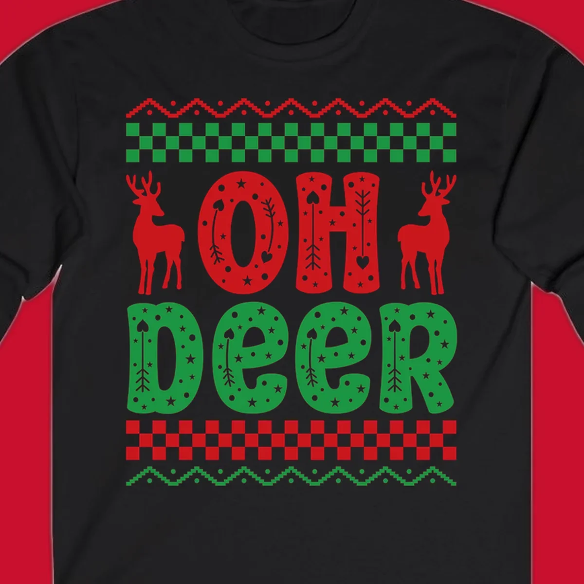 Oh Deer Christmas design with red reindeer and festive text and patterns.