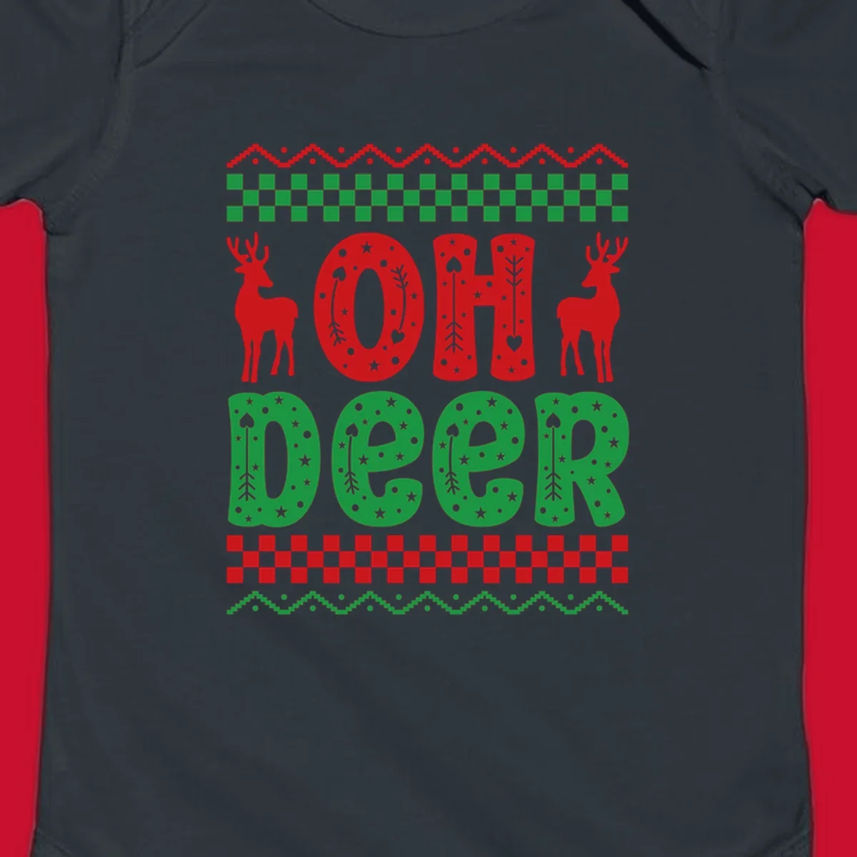Oh Deer Christmas design with red reindeer and festive text and patterns.