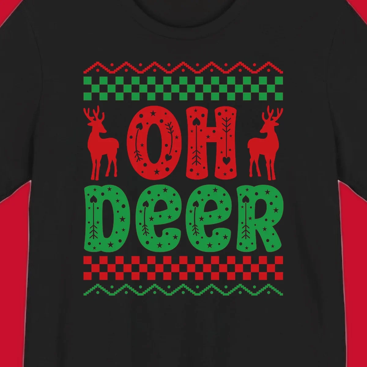 Oh Deer Christmas design with red reindeer and festive text and patterns.