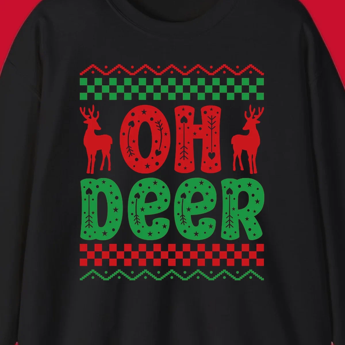 Oh Deer Christmas design with red reindeer and festive text and patterns.