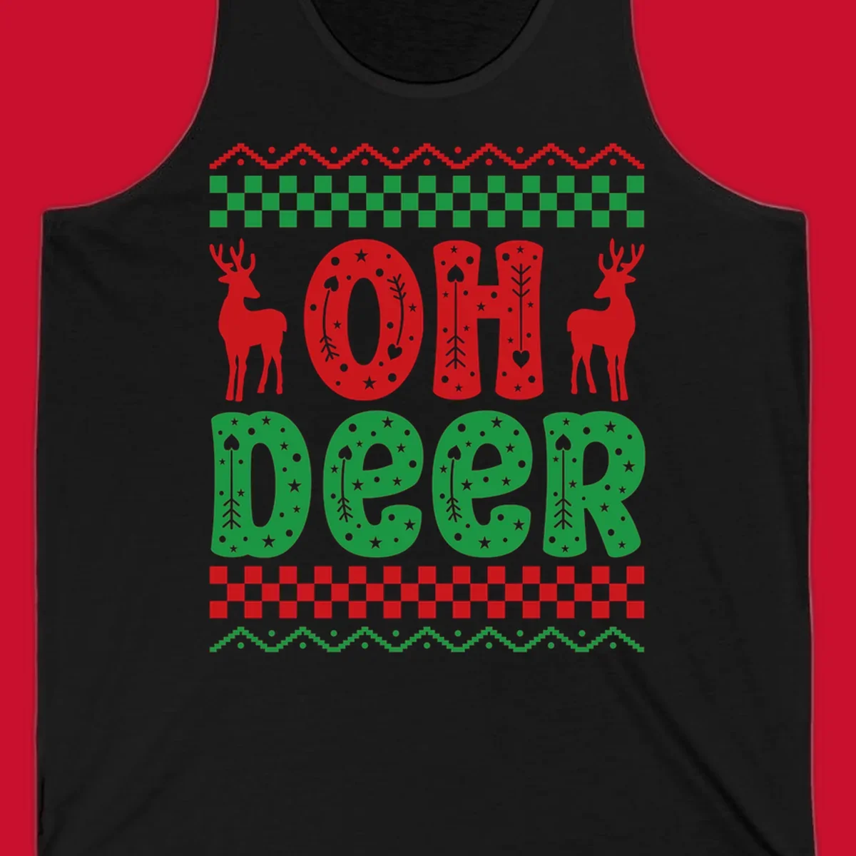 Oh Deer Christmas design with red reindeer and festive text and patterns.