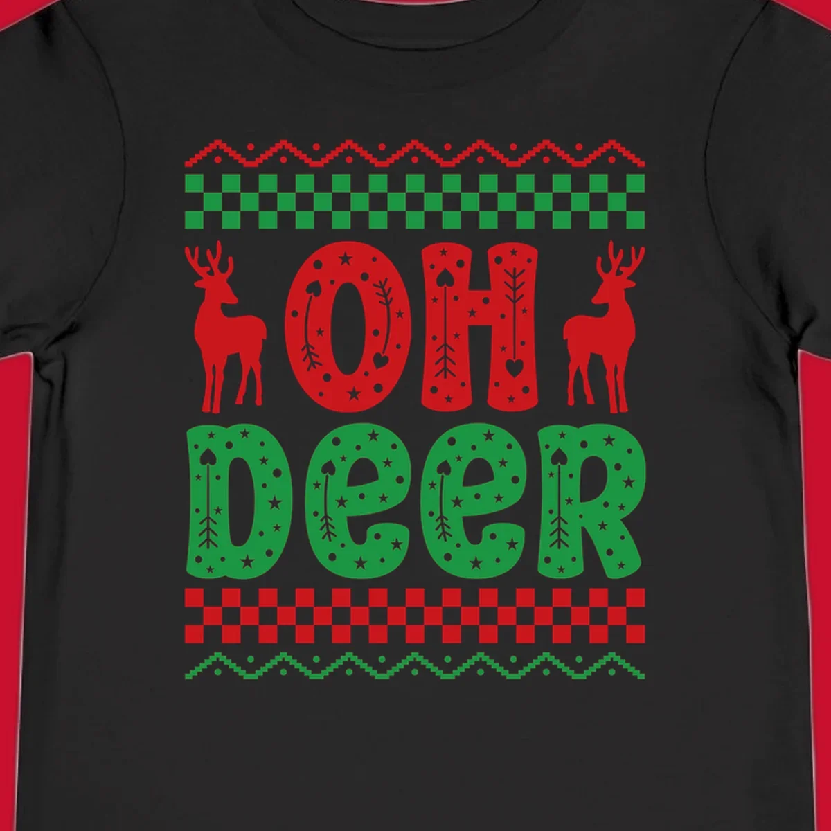 Oh Deer Christmas design with red reindeer and festive text and patterns.