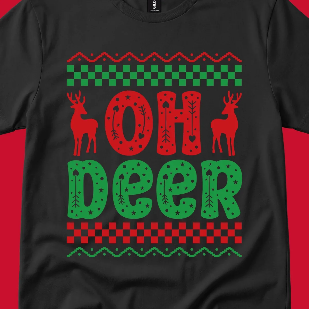 Oh Deer Christmas design with red reindeer and festive text and patterns.