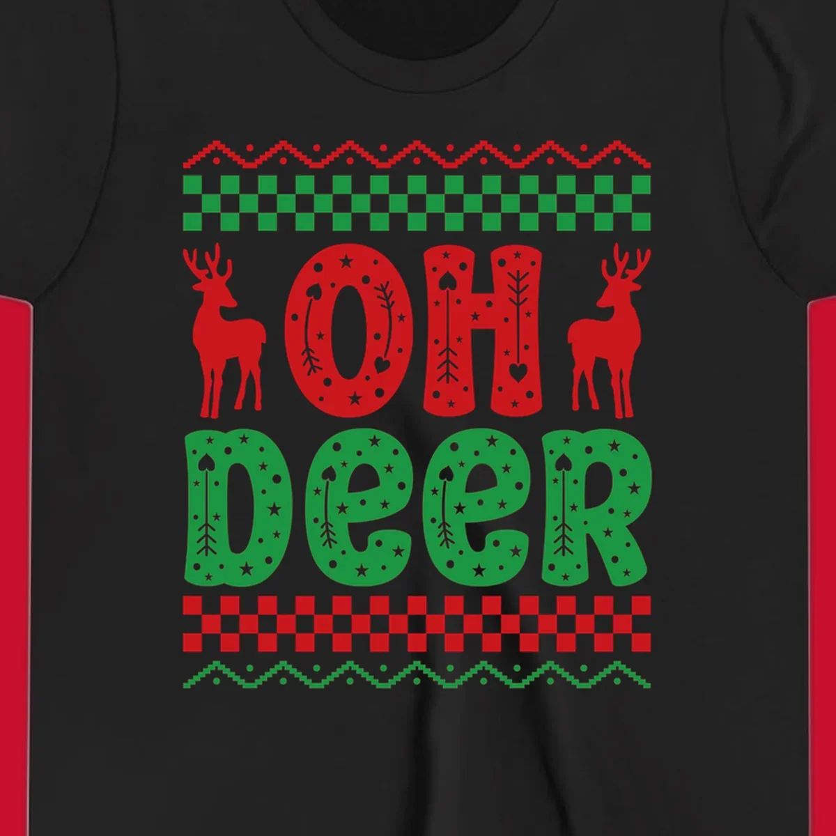 Oh Deer Christmas design with red reindeer and festive text and patterns.