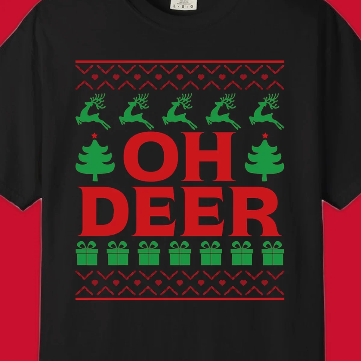 Oh deer christmas sweater design with reindeer, trees, and gifts.