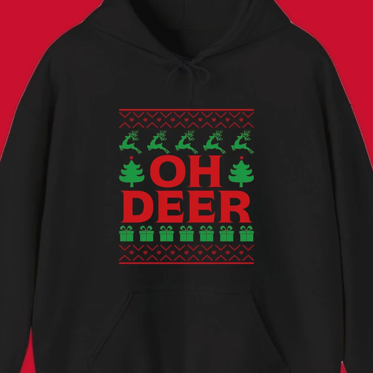 Oh deer christmas sweater design with reindeer, trees, and gifts.