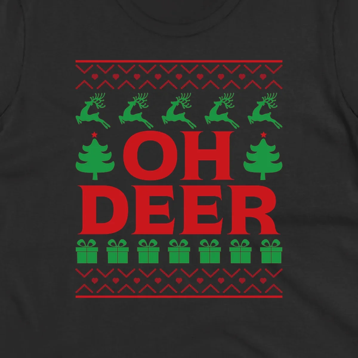 Oh deer christmas sweater design with reindeer, trees, and gifts.