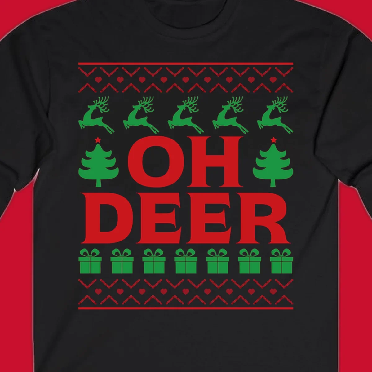 Oh deer christmas sweater design with reindeer, trees, and gifts.