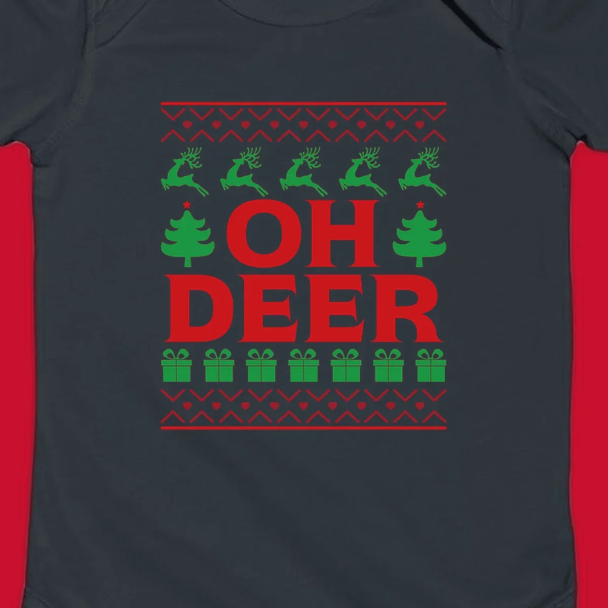 Oh deer christmas sweater design with reindeer, trees, and gifts.
