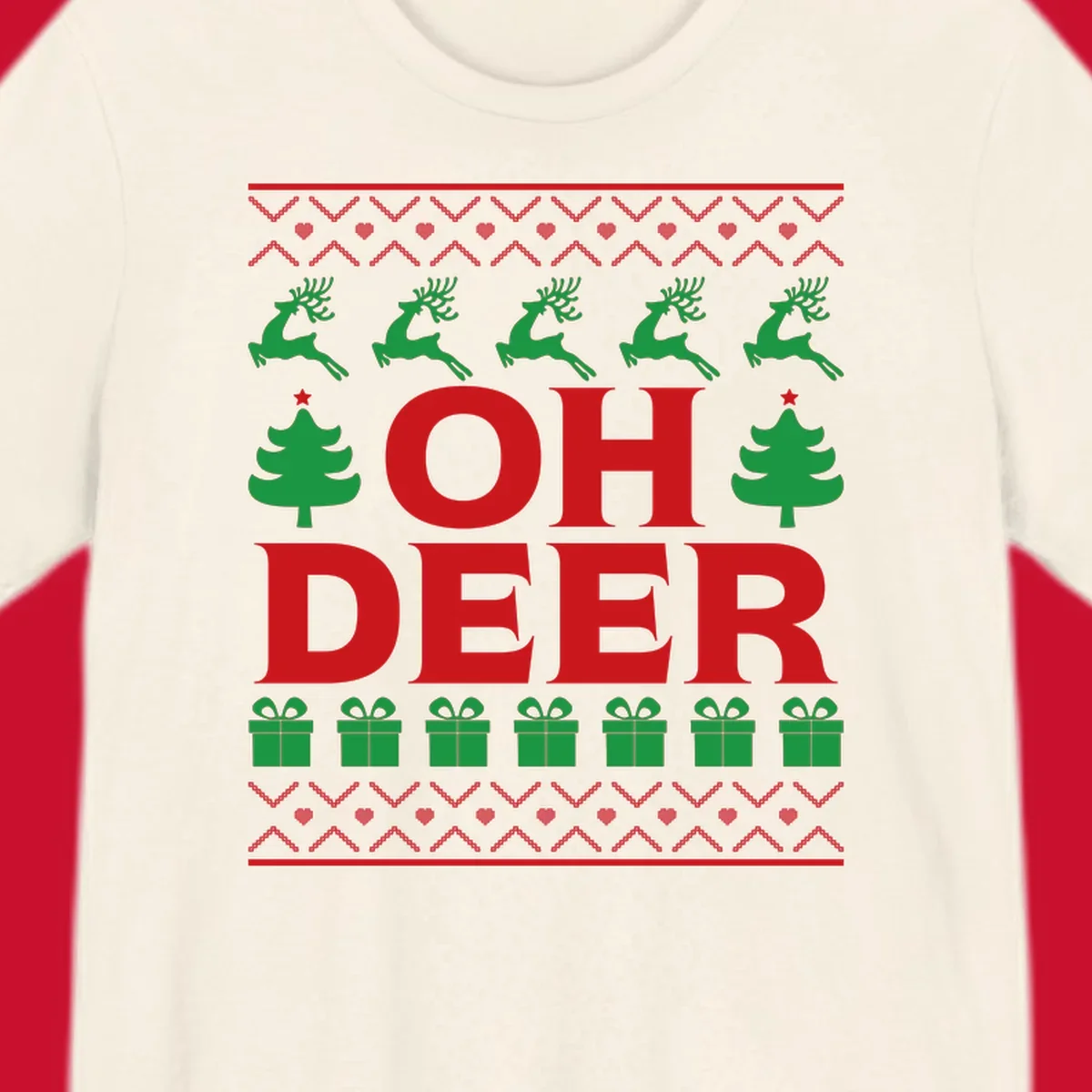 Oh deer christmas sweater design with reindeer, trees, and gifts.