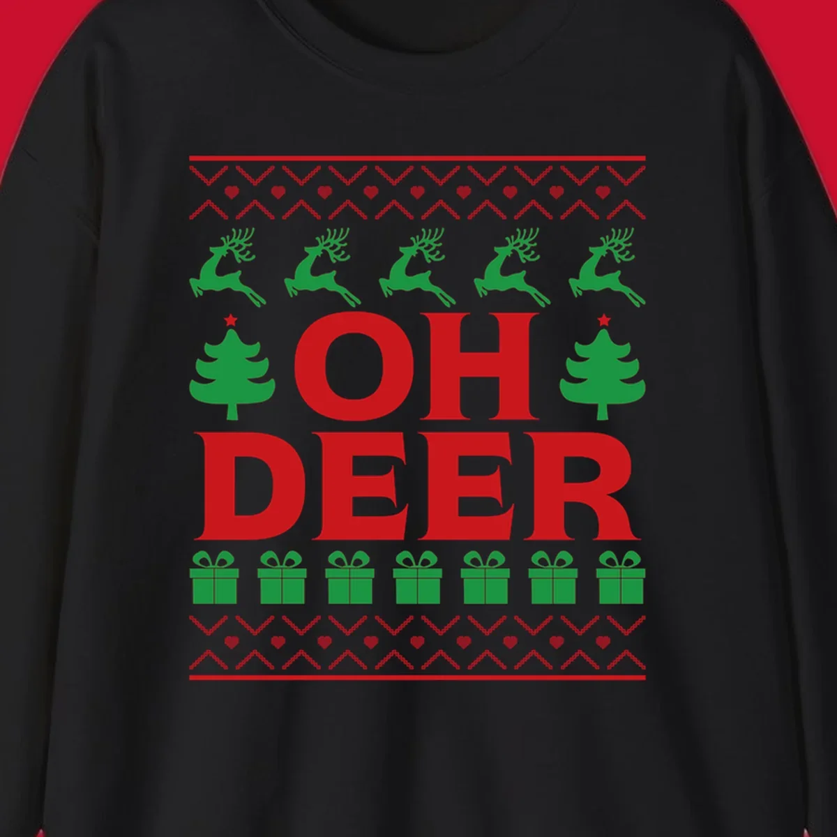 Oh deer christmas sweater design with reindeer, trees, and gifts.