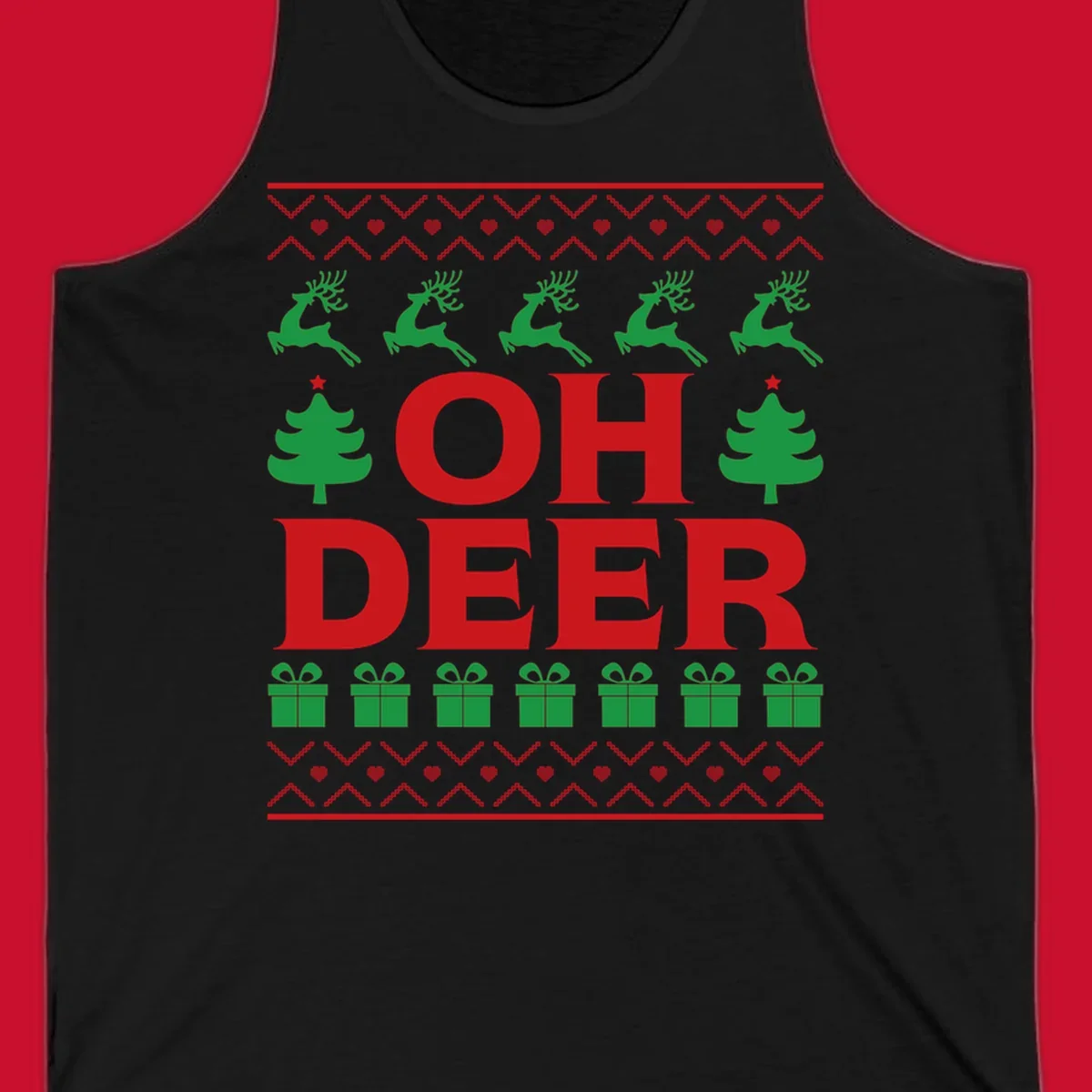 Oh deer christmas sweater design with reindeer, trees, and gifts.