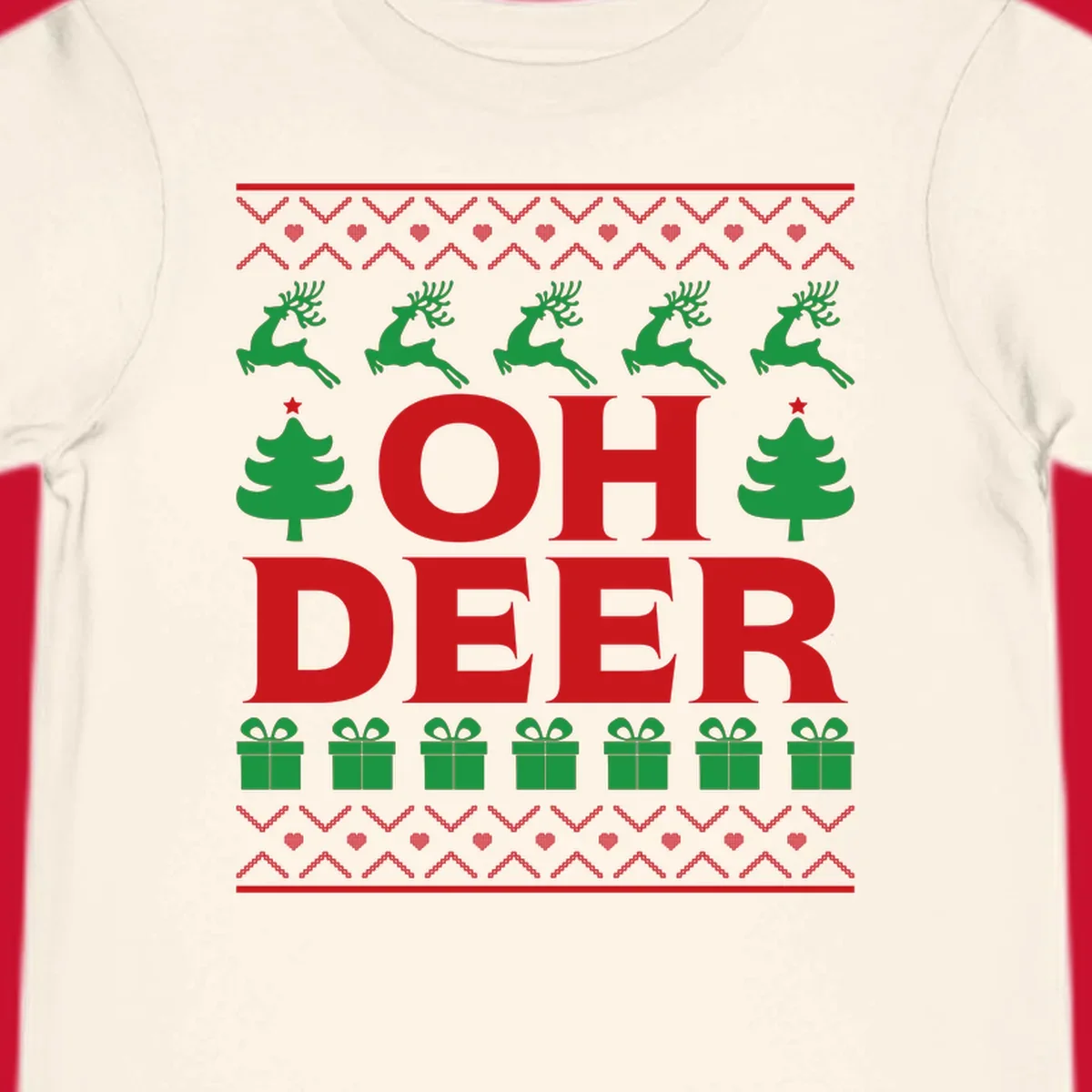 Oh deer christmas sweater design with reindeer, trees, and gifts.