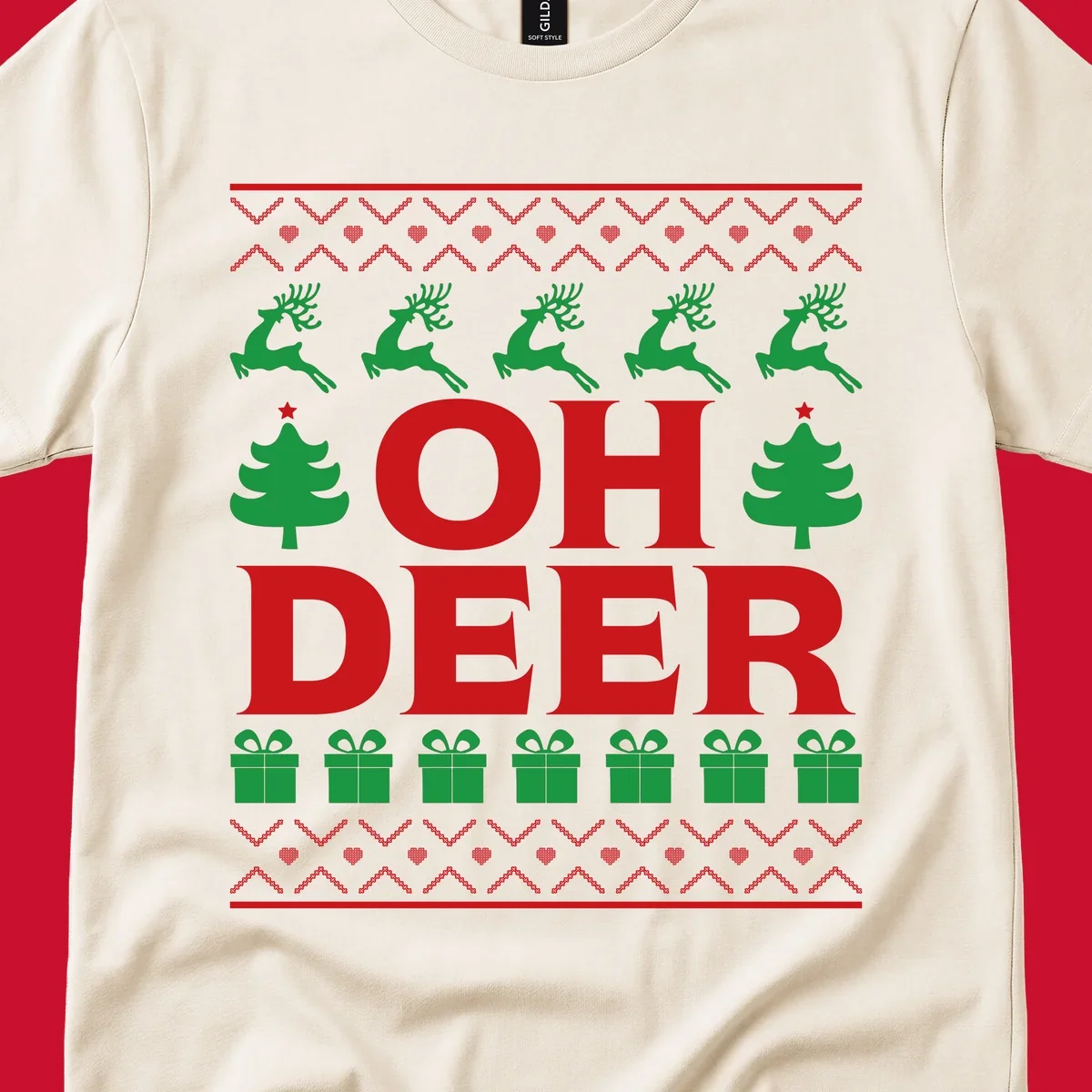 Oh deer christmas sweater design with reindeer, trees, and gifts.