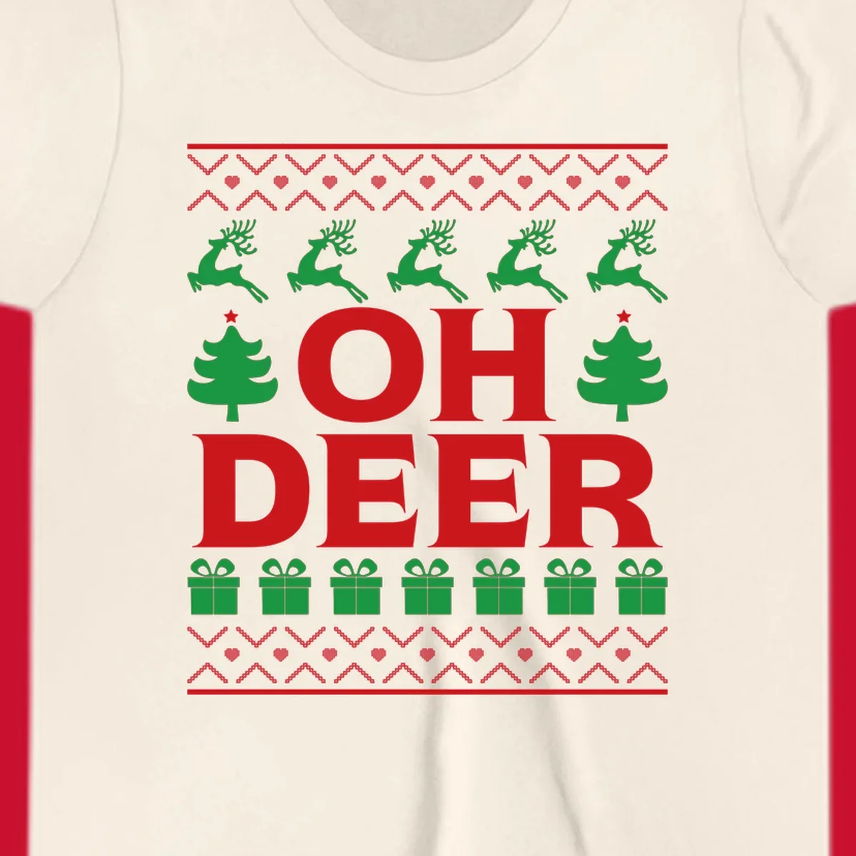 Oh deer christmas sweater design with reindeer, trees, and gifts.