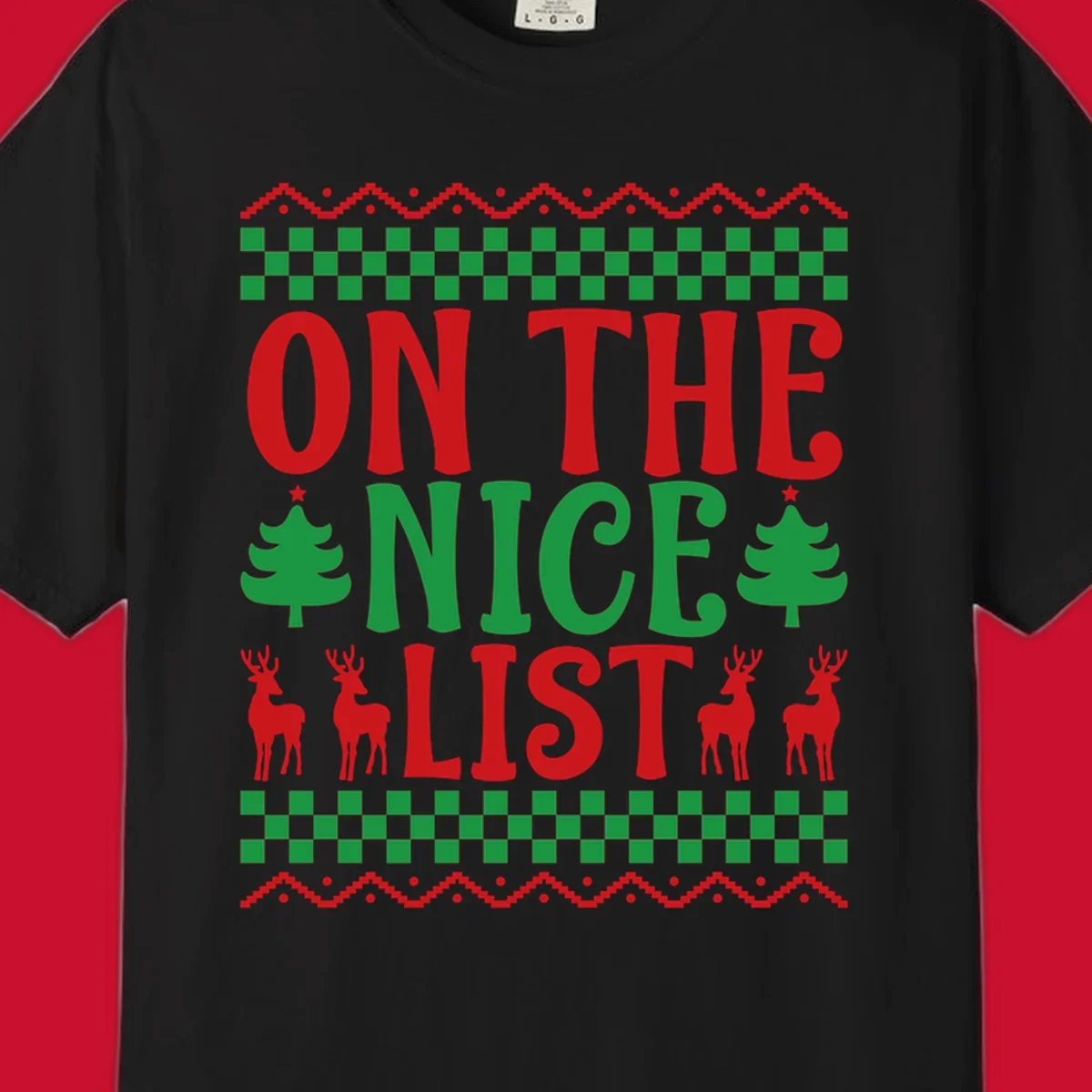 On the nice list Christmas design with text, trees, and reindeer.