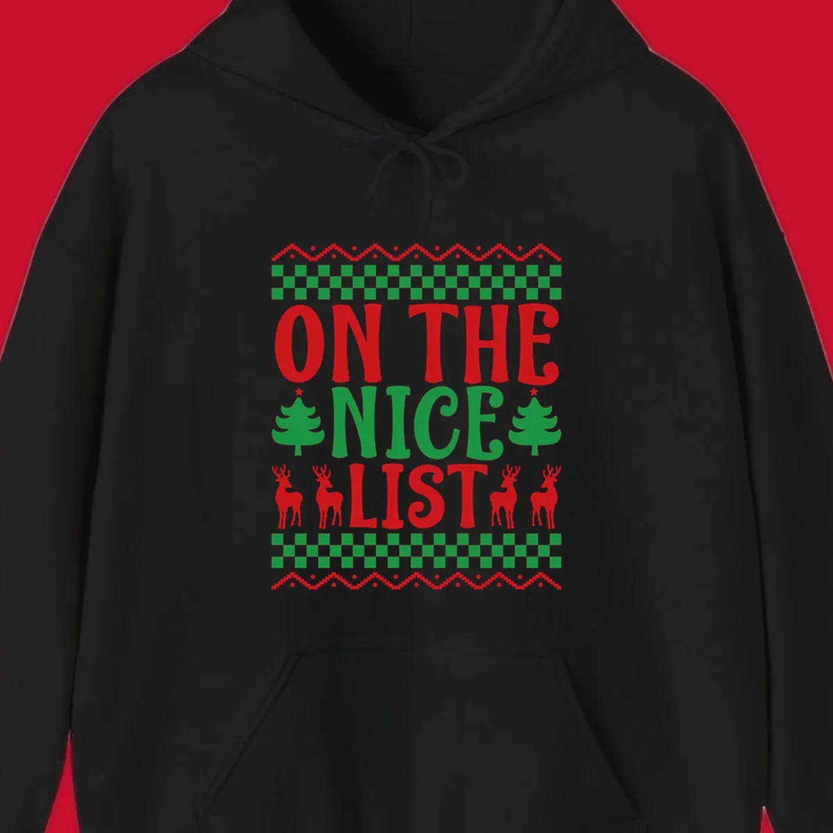 On the nice list Christmas design with text, trees, and reindeer.