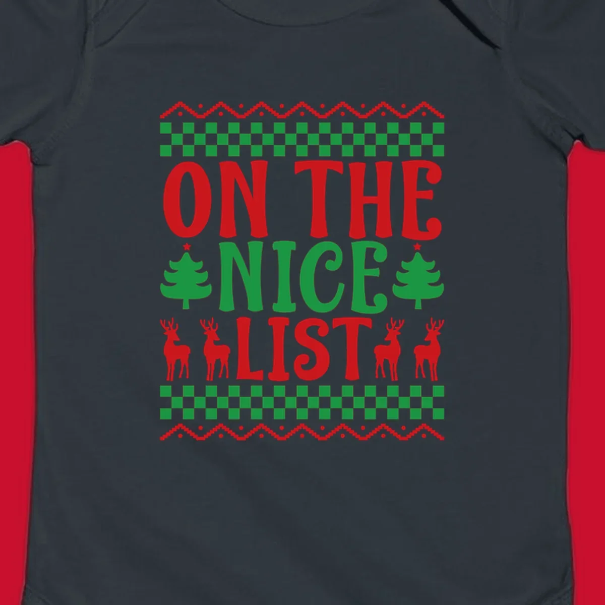 On the nice list Christmas design with text, trees, and reindeer.