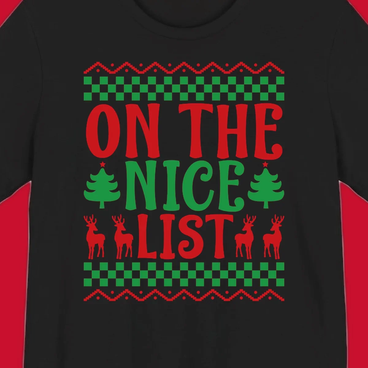 On the nice list Christmas design with text, trees, and reindeer.