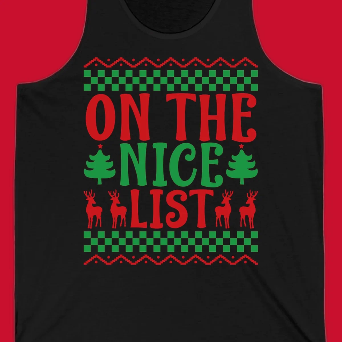 On the nice list Christmas design with text, trees, and reindeer.