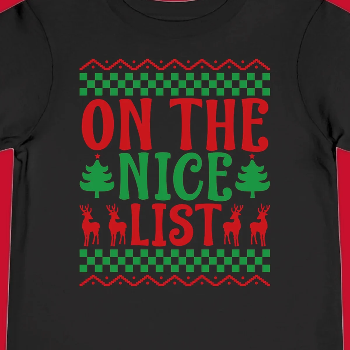 On the nice list Christmas design with text, trees, and reindeer.
