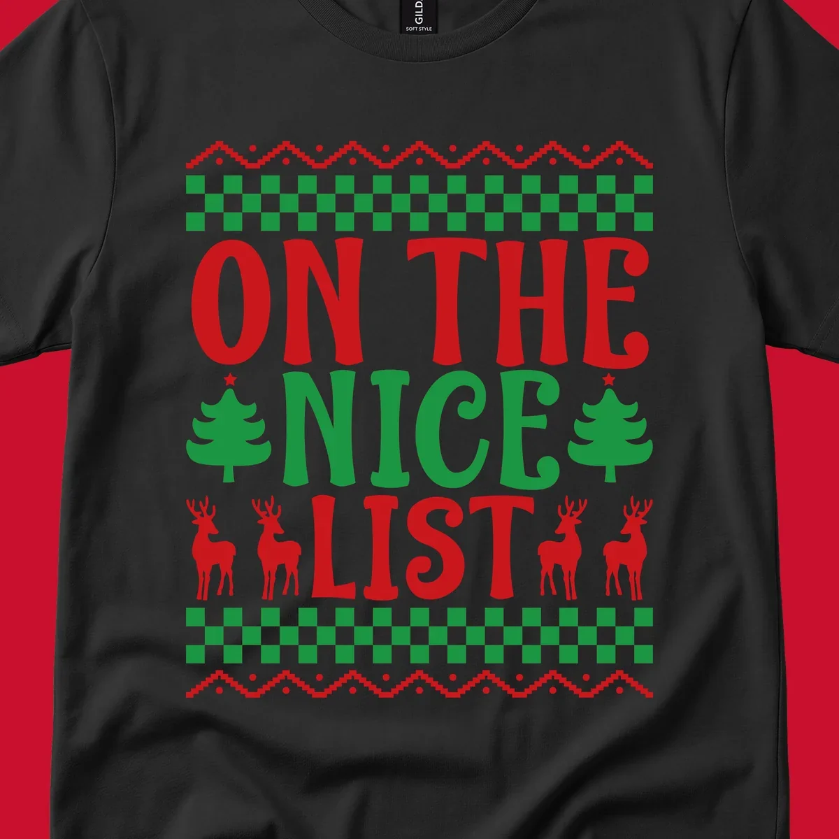 On the nice list Christmas design with text, trees, and reindeer.