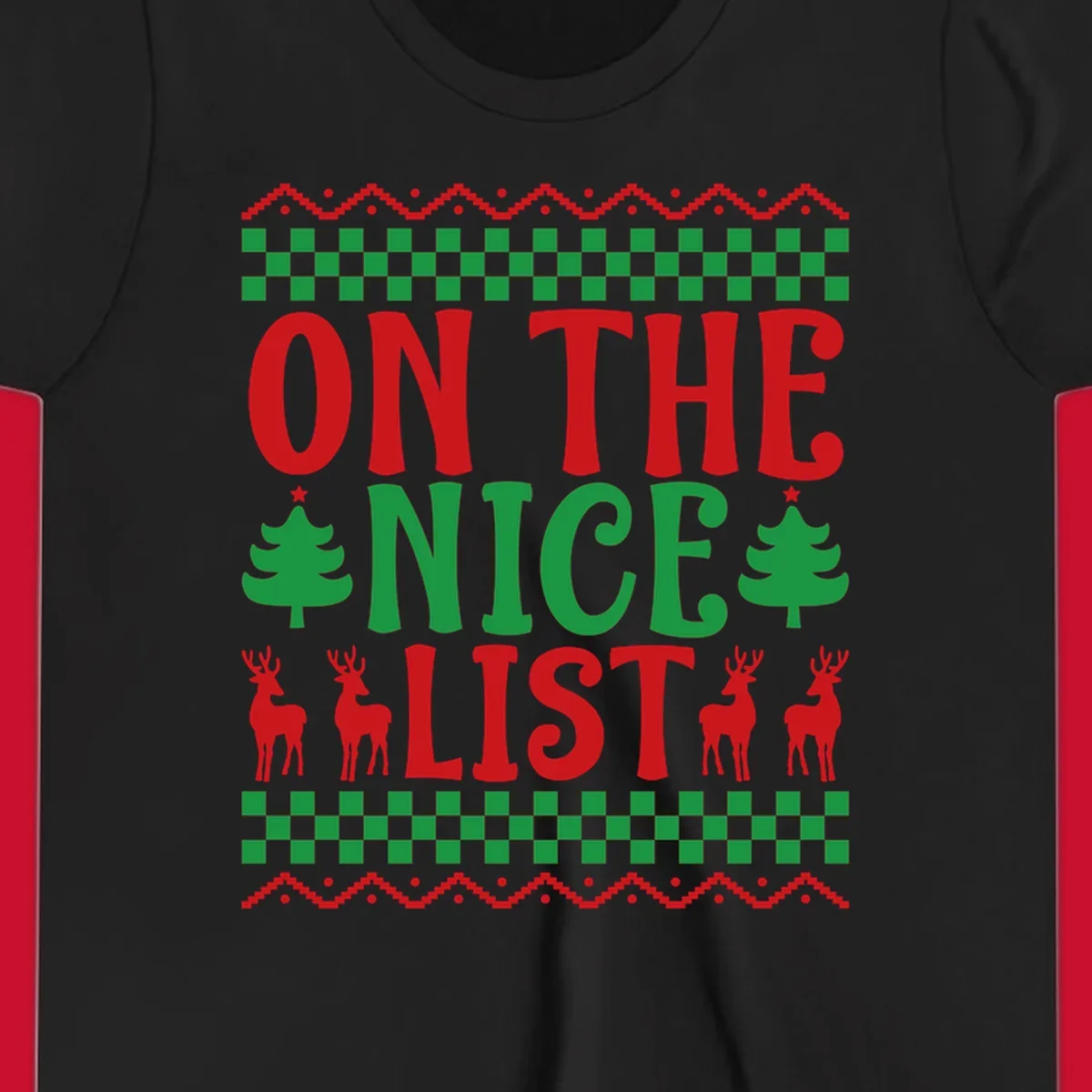 On the nice list Christmas design with text, trees, and reindeer.