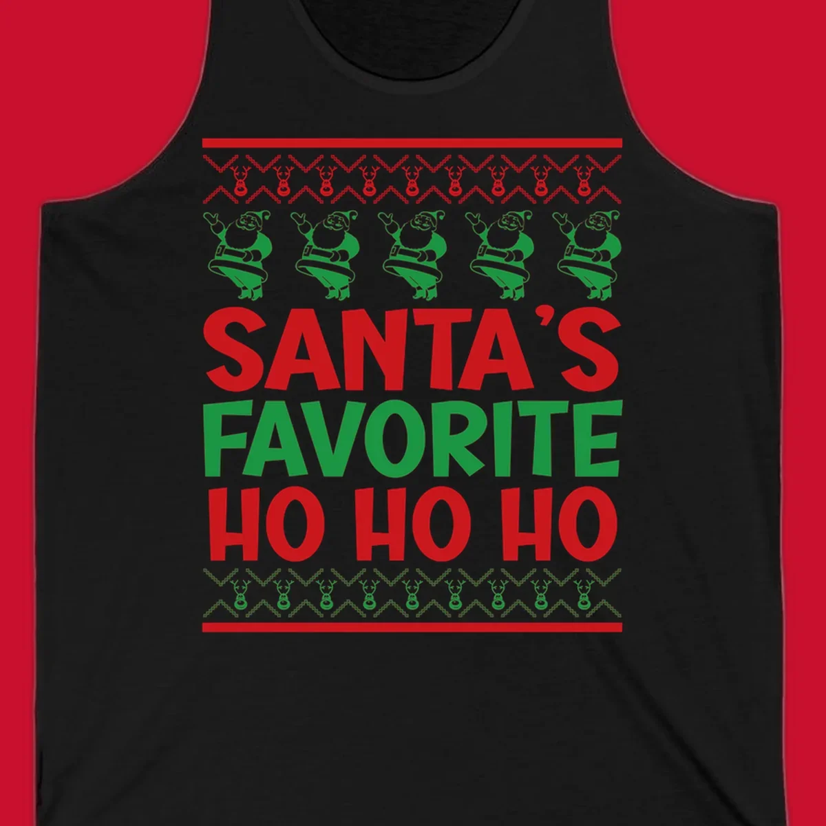 Santa's Favorite Ho Ho Ho text with Santa and reindeer graphics, ugly Christmas sweater style.