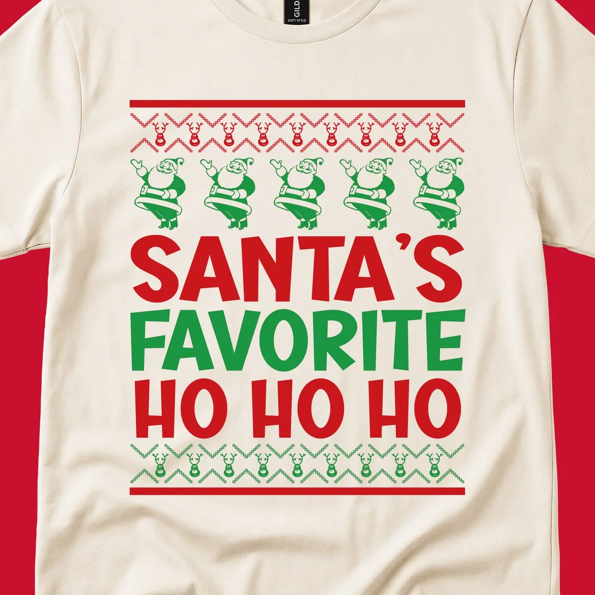 Santa's Favorite Ho Ho Ho text with Santa and reindeer graphics, ugly Christmas sweater style.