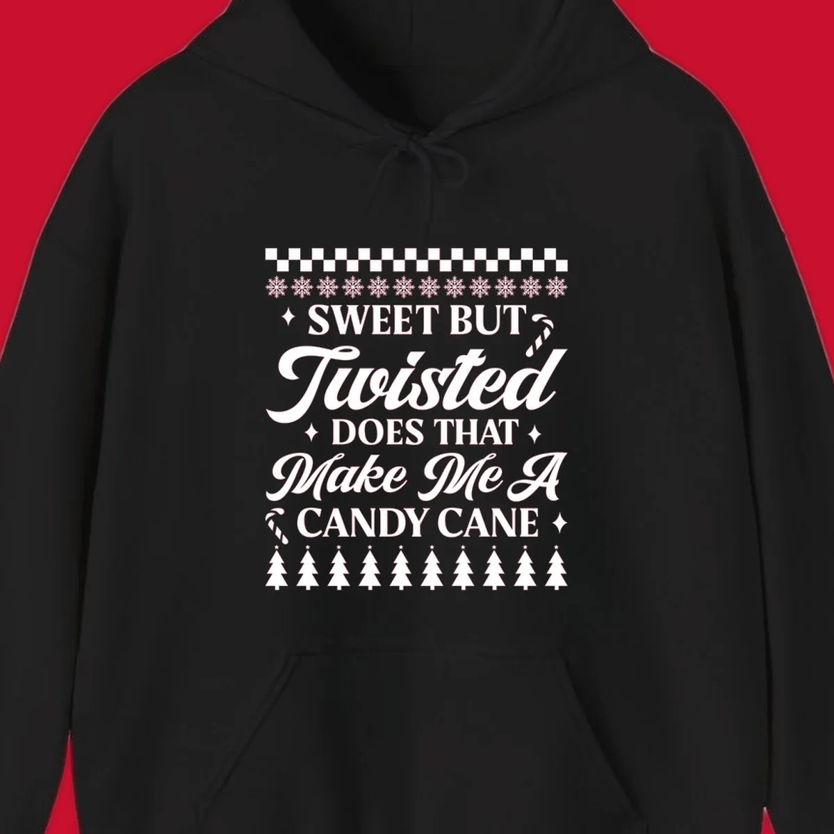 Sweet but twisted candy cane Christmas phrase with snowflakes and trees.