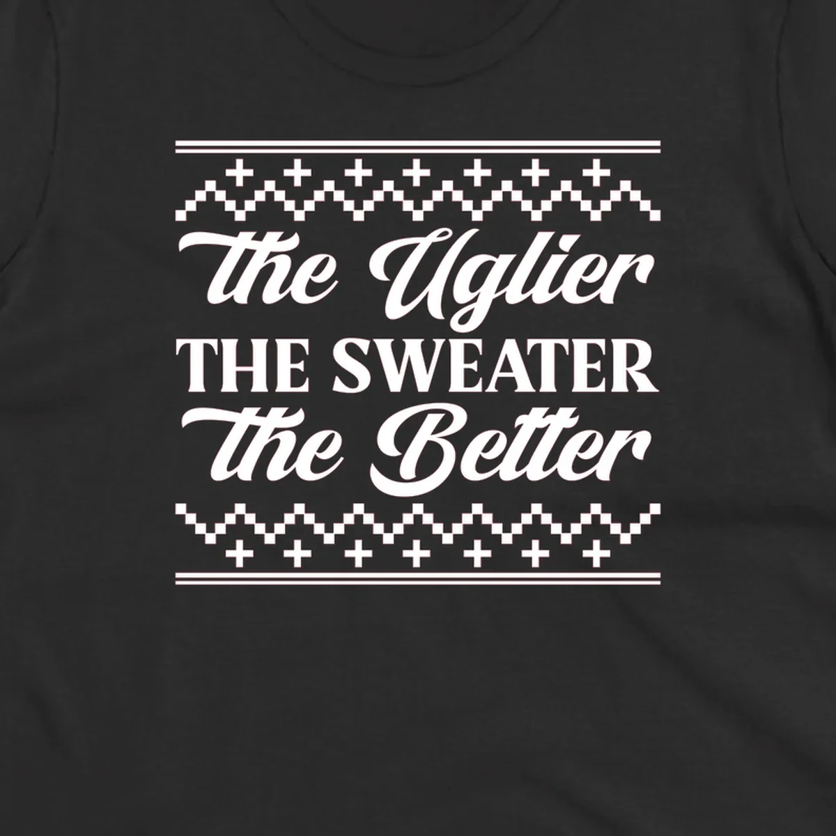 Text design 'The Uglier The Sweater The Better' with geometric borders, for ugly sweater parties.
