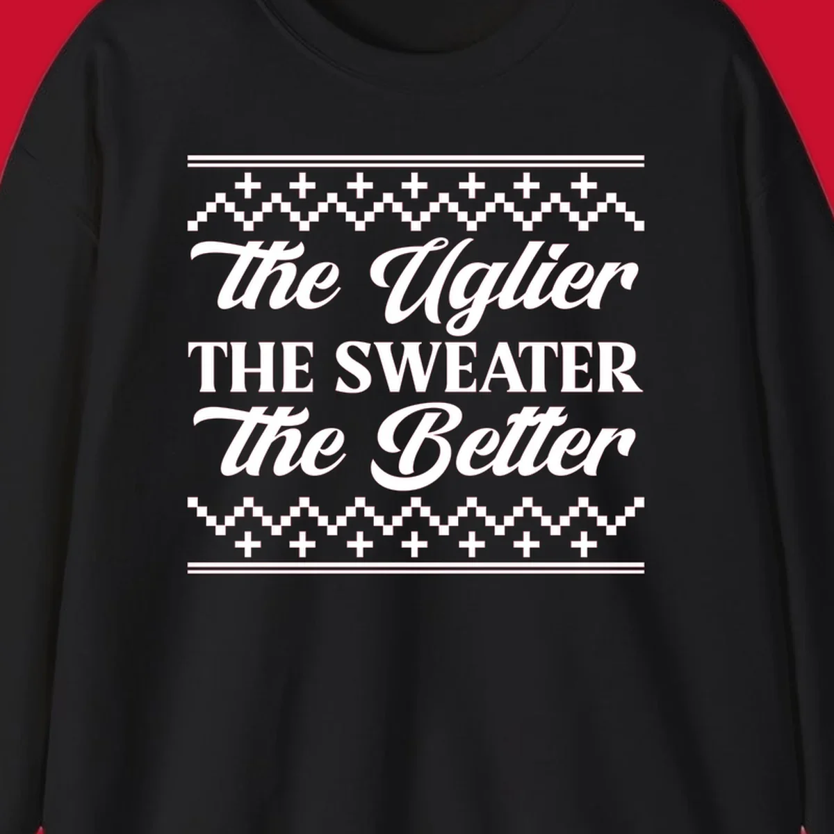 Text design 'The Uglier The Sweater The Better' with geometric borders, for ugly sweater parties.