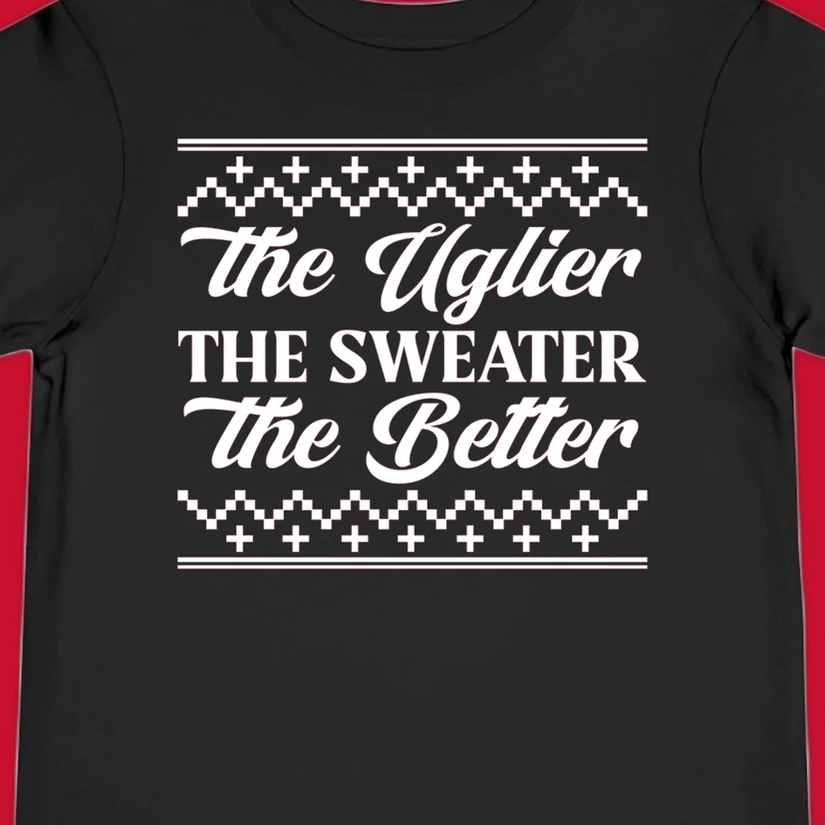 Text design 'The Uglier The Sweater The Better' with geometric borders, for ugly sweater parties.