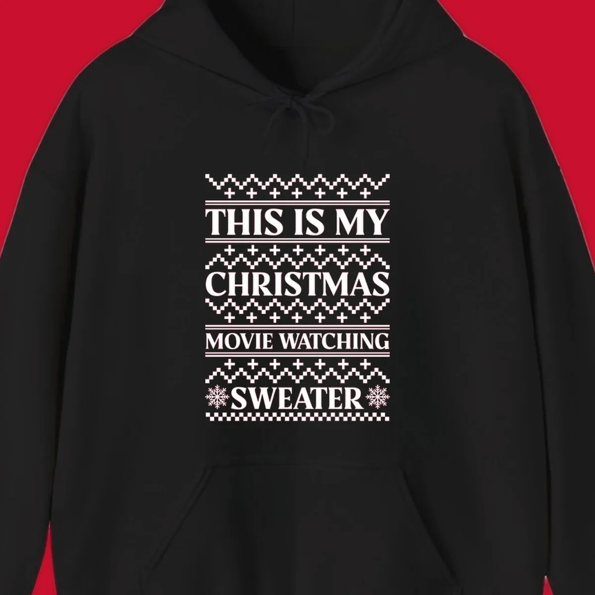 Christmas movie watching sweater with bold text and festive patterns.