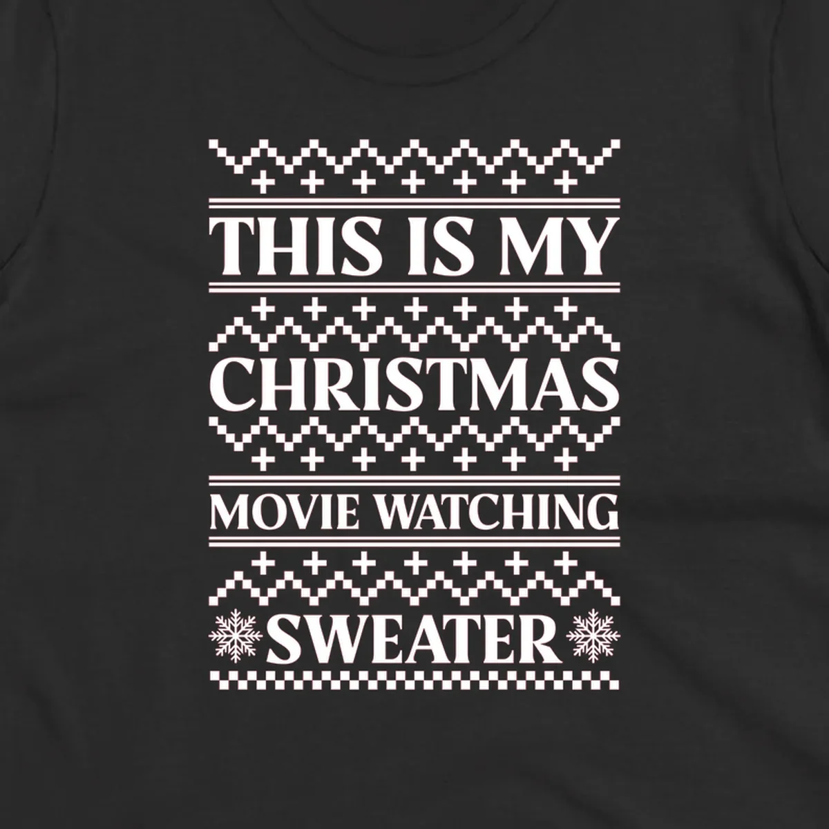 Christmas movie watching sweater with bold text and festive patterns.