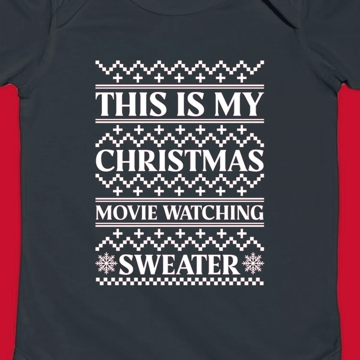 Christmas movie watching sweater with bold text and festive patterns.